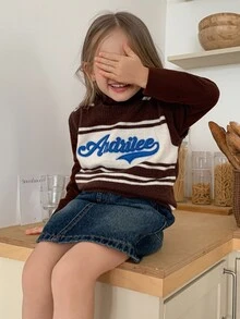 Hapijoa Young Girls' Striped Sleeveless Letter Contrast Color Casual Short Knit Top Fall - Brown - View 10