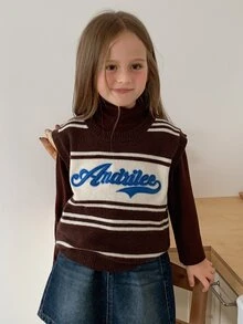 Hapijoa Young Girls' Striped Sleeveless Letter Contrast Color Casual Short Knit Top Fall - Brown - View 3