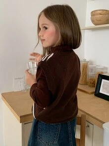 Hapijoa Young Girls' Striped Sleeveless Letter Contrast Color Casual Short Knit Top Fall - Brown - View 2