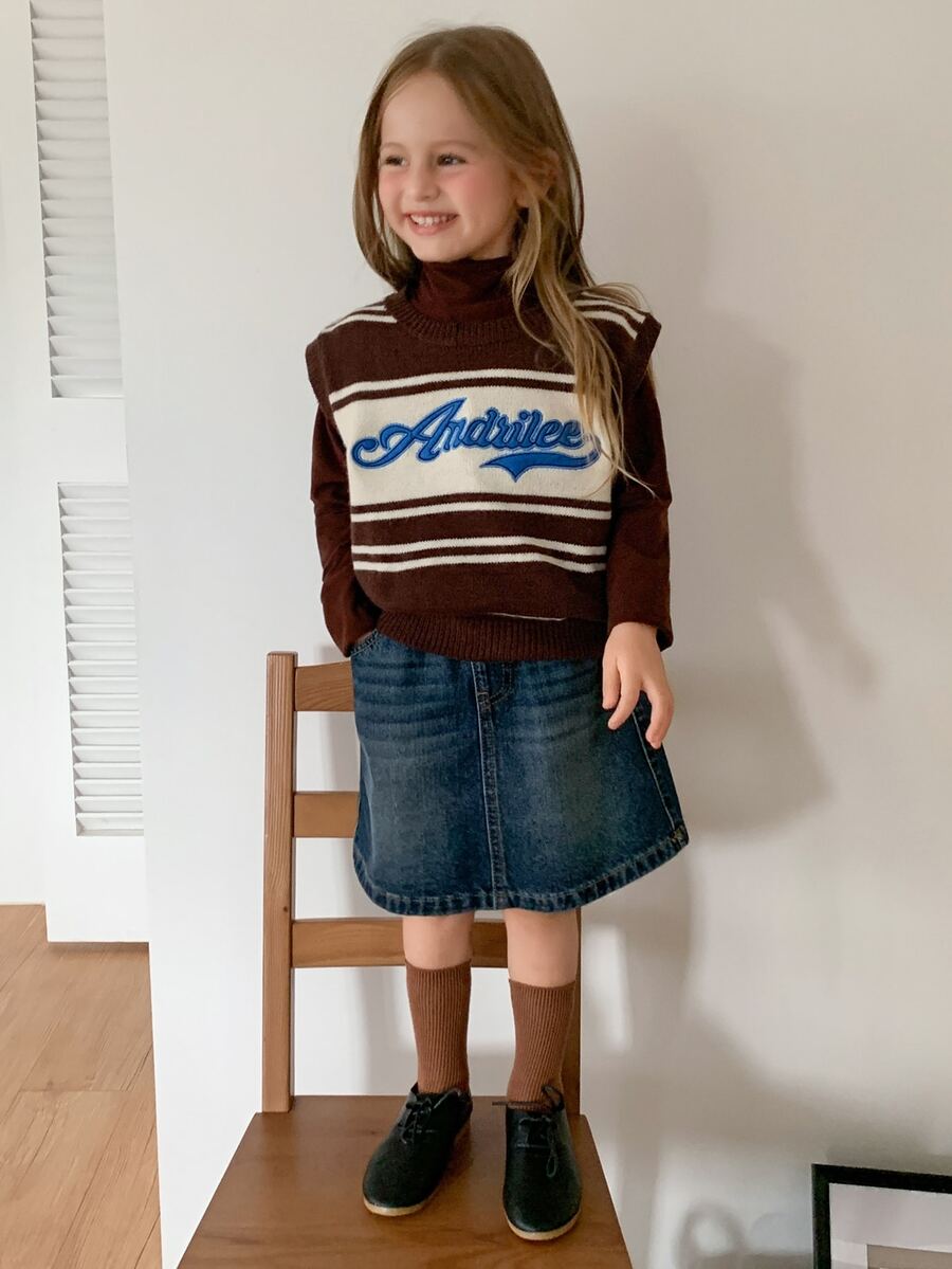 Hapijoa Young Girls' Striped Sleeveless Letter Contrast Color Casual Short Knit Top Fall - Brown - View 1