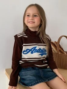 Hapijoa Young Girls' Striped Sleeveless Letter Contrast Color Casual Short Knit Top Fall - Brown - View 6