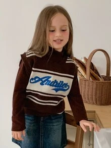 Hapijoa Young Girls' Striped Sleeveless Letter Contrast Color Casual Short Knit Top Fall - Brown - View 5