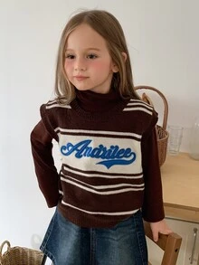Hapijoa Young Girls' Striped Sleeveless Letter Contrast Color Casual Short Knit Top Fall - Brown - View 4