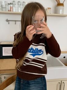 Hapijoa Young Girls' Striped Sleeveless Letter Contrast Color Casual Short Knit Top Fall - Brown - View 7