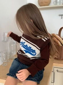Hapijoa Young Girls' Striped Sleeveless Letter Contrast Color Casual Short Knit Top Fall - Brown - View 9