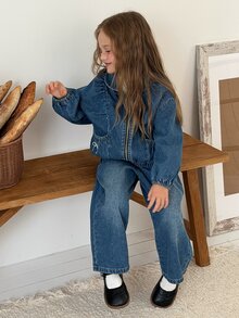 DAZY Setelan Denim Kasual 2 Potong untuk Anak Perempuan, Desainer, Atasan Lengan Panjang Kerah Putri + Celana Panjang Lurus, Musim Gugur - Biru - View 4