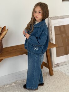 DAZY Setelan Denim Kasual 2 Potong untuk Anak Perempuan, Desainer, Atasan Lengan Panjang Kerah Putri + Celana Panjang Lurus, Musim Gugur - Biru - View 6