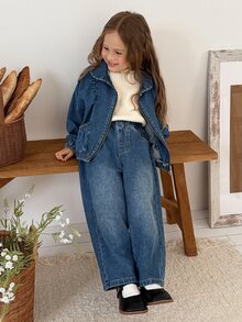 DAZY Setelan Denim Kasual 2 Potong untuk Anak Perempuan, Desainer, Atasan Lengan Panjang Kerah Putri + Celana Panjang Lurus, Musim Gugur - Biru - View 3