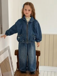 DAZY Setelan Denim Kasual 2 Potong untuk Anak Perempuan, Desainer, Atasan Lengan Panjang Kerah Putri + Celana Panjang Lurus, Musim Gugur - Biru - View 9