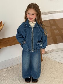 DAZY Setelan Denim Kasual 2 Potong untuk Anak Perempuan, Desainer, Atasan Lengan Panjang Kerah Putri + Celana Panjang Lurus, Musim Gugur - Biru - View 8