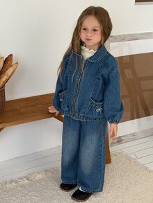 DAZY Setelan Denim Kasual 2 Potong untuk Anak Perempuan, Desainer, Atasan Lengan Panjang Kerah Putri + Celana Panjang Lurus, Musim Gugur - Biru - View 5