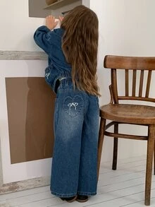 DAZY Setelan Denim Kasual 2 Potong untuk Anak Perempuan, Desainer, Atasan Lengan Panjang Kerah Putri + Celana Panjang Lurus, Musim Gugur - Biru - View 2