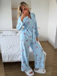 DAZY طقم ملابس نوم نسائي كاجوال يومي للمنزل بنقشة الكرز، ملابس علوية بأكمام طويلة وبنطال، للخريف - الأزرق - مشاهدة 9