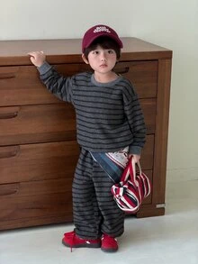 Dazy Kids Infant (Boy) Round Neck Striped Long Sleeve Sweatshirt + Casual Loose Sweatpants Casual Outerwear Set Fall - Grey - View 6