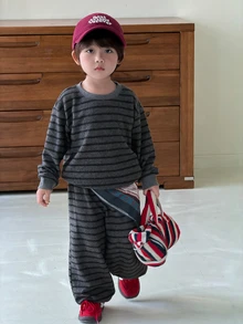 Dazy Kids Infant (Boy) Round Neck Striped Long Sleeve Sweatshirt + Casual Loose Sweatpants Casual Outerwear Set Fall - Grey - View 4