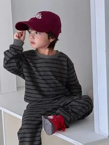 Dazy Kids Infant (Boy) Round Neck Striped Long Sleeve Sweatshirt + Casual Loose Sweatpants Casual Outerwear Set Fall - Grey - View 1