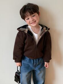 Dazy Kids بلوزة رياضية ذات بطانية رأس بأكمام طويلة بنقشة مربعات للأطفال الرضع (الأولاد)، خريف/شتاء - قهوة بني - مشاهدة 6