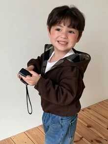 Dazy Kids بلوزة رياضية ذات بطانية رأس بأكمام طويلة بنقشة مربعات للأطفال الرضع (الأولاد)، خريف/شتاء - قهوة بني - مشاهدة 1