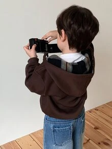 Dazy Kids بلوزة رياضية ذات بطانية رأس بأكمام طويلة بنقشة مربعات للأطفال الرضع (الأولاد)، خريف/شتاء - قهوة بني - مشاهدة 2