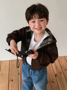 Dazy Kids بلوزة رياضية ذات بطانية رأس بأكمام طويلة بنقشة مربعات للأطفال الرضع (الأولاد)، خريف/شتاء - قهوة بني - مشاهدة 7