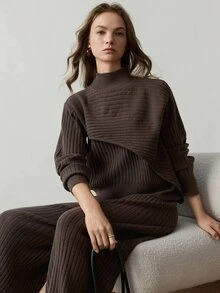 Dazy-Less Autumn Coffee Brown Round Neck Long Sleeve Knit Sweater With High Waist Slim Fit Ribbed Knit Pants 2 Pieces Set Office Brunch Minimalist Elegant - Coffee Brown - View 1
