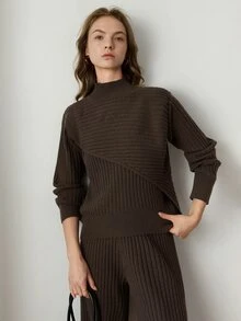 Dazy-Less Autumn Coffee Brown Round Neck Long Sleeve Knit Sweater With High Waist Slim Fit Ribbed Knit Pants 2 Pieces Set Office Brunch Minimalist Elegant - Coffee Brown - View 5
