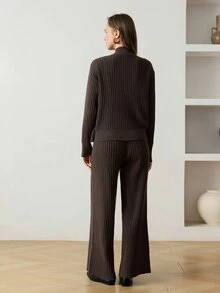 Dazy-Less Autumn Coffee Brown Round Neck Long Sleeve Knit Sweater With High Waist Slim Fit Ribbed Knit Pants 2 Pieces Set Office Brunch Minimalist Elegant - Coffee Brown - View 2