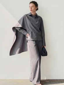 Dazy-Less Women's Solid Color Long Sleeve Asymmetric Design Shirt And Pants Casual 2 Pieces Set Fall - Grey - View 5