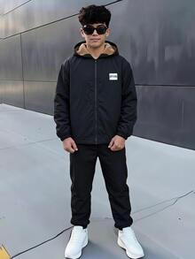 2件組青少年男孩連帽開襟刷毛外套與刷毛慢跑長褲套裝，休閒運動風，適合秋冬通勤、上學、日常穿著、度假、旅行、運動 - 黑色 - 查看 6
