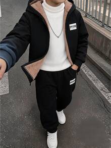 2件組青少年男孩連帽開襟刷毛外套與刷毛慢跑長褲套裝，休閒運動風，適合秋冬通勤、上學、日常穿著、度假、旅行、運動 - 黑色 - 查看 8