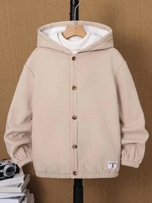 SHEIN 大童男孩連帽燈芯絨抓絨內裡拉鍊棒球夾克，平價款，可搭配萬聖節衛衣、秋季衛衣、萬聖節長袖襯衫、男孩衛衣、男孩連帽衫、襯衫、男孩慢跑褲、男孩長褲，適合通勤、上學、日常休閒、大學、旅行、運動，秋冬季節 - 杏色 - 查看 4
