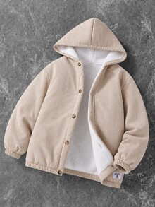 SHEIN 大童男孩連帽燈芯絨抓絨內裡拉鍊棒球夾克，平價款，可搭配萬聖節衛衣、秋季衛衣、萬聖節長袖襯衫、男孩衛衣、男孩連帽衫、襯衫、男孩慢跑褲、男孩長褲，適合通勤、上學、日常休閒、大學、旅行、運動，秋冬季節 - 杏色 - 查看 3