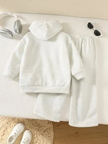 SHEIN 2件組小男孩休閒街頭風韓式雪花印花連帽長袖衛衣與素色鬆緊腰運動長褲套裝，適合返校、生日、嬰兒洗禮、節日派對，秋冬穿著 - 杏色 - 查看 2