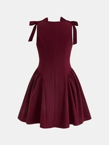 SHEIN Pitira Kids Tween Girls Dresses Burgundy Solid Color Bow Decor Elegant Princess Dress, Ceremony, Back To School Season - Burgundy - View 2