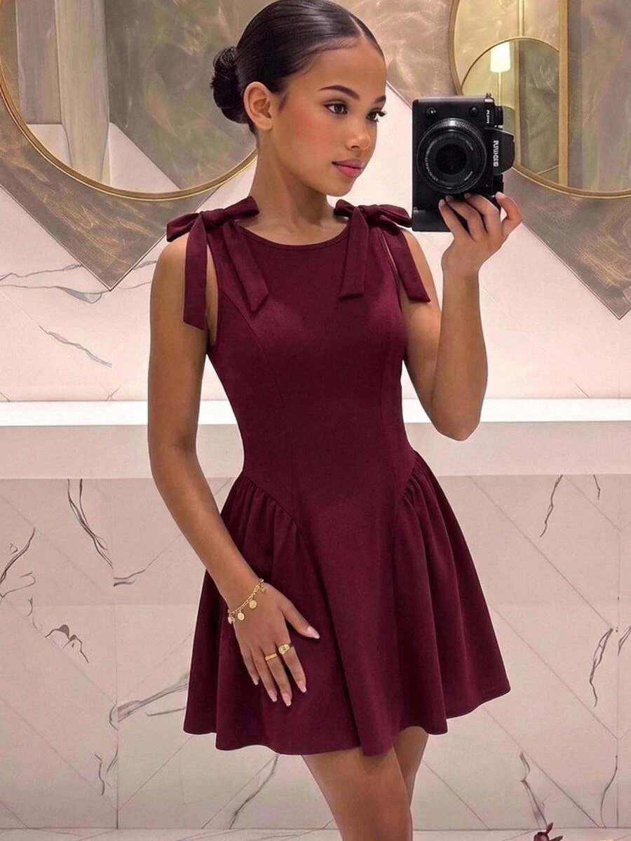 SHEIN Pitira Kids Tween Girls Dresses Burgundy Solid Color Bow Decor Elegant Princess Dress, Ceremony, Back To School Season - Burgundy - View 1
