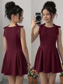 SHEIN Pitira Kids Tween Girls Dresses Burgundy Solid Color Bow Decor Elegant Princess Dress, Ceremony, Back To School Season - Burgundy - View 3