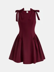 SHEIN Pitira Kids Tween Girls Dresses Burgundy Solid Color Bow Decor Elegant Princess Dress, Ceremony, Back To School Season - Burgundy - View 5