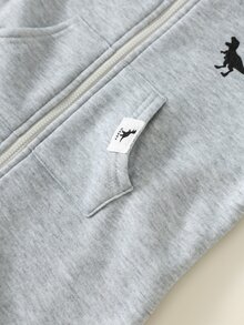 SHEIN 男嬰灰色冬季保暖內裡連帽秋季連身衣，可愛恐龍印花運動套裝，舒適休閒約會穿搭，適合聖誕節與新年 - 灰色 - 查看 2