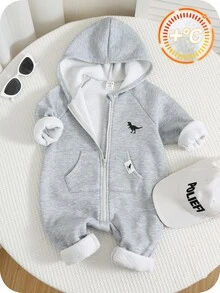 SHEIN 男嬰灰色冬季保暖內裡連帽秋季連身衣，可愛恐龍印花運動套裝，舒適休閒約會穿搭，適合聖誕節與新年 - 灰色 - 查看 5