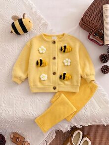 SHEIN Set Baju Bayi Perempuan Lucu Motif Bunga & Lebah dengan Sweatshirt dan Celana Panjang Pinggang Elastis Gaya Musim Gugur, Pakaian Musim Gugur/Jaket Musim Dingin - Kuning - View 1