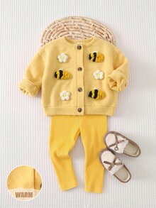 SHEIN Set Baju Bayi Perempuan Lucu Motif Bunga & Lebah dengan Sweatshirt dan Celana Panjang Pinggang Elastis Gaya Musim Gugur, Pakaian Musim Gugur/Jaket Musim Dingin - Kuning - View 10