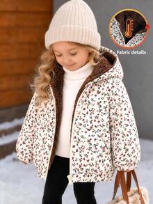 SHEIN Baby Girls Floral Pattern Thermal Lined Hooded Winter Jacket - Multicolor - View 5