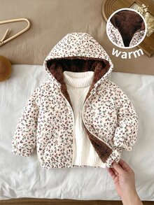 SHEIN Baby Girls Floral Pattern Thermal Lined Hooded Winter Jacket - Multicolor - View 3
