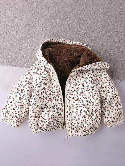 SHEIN Baby Girls Floral Pattern Thermal Lined Hooded Winter Jacket