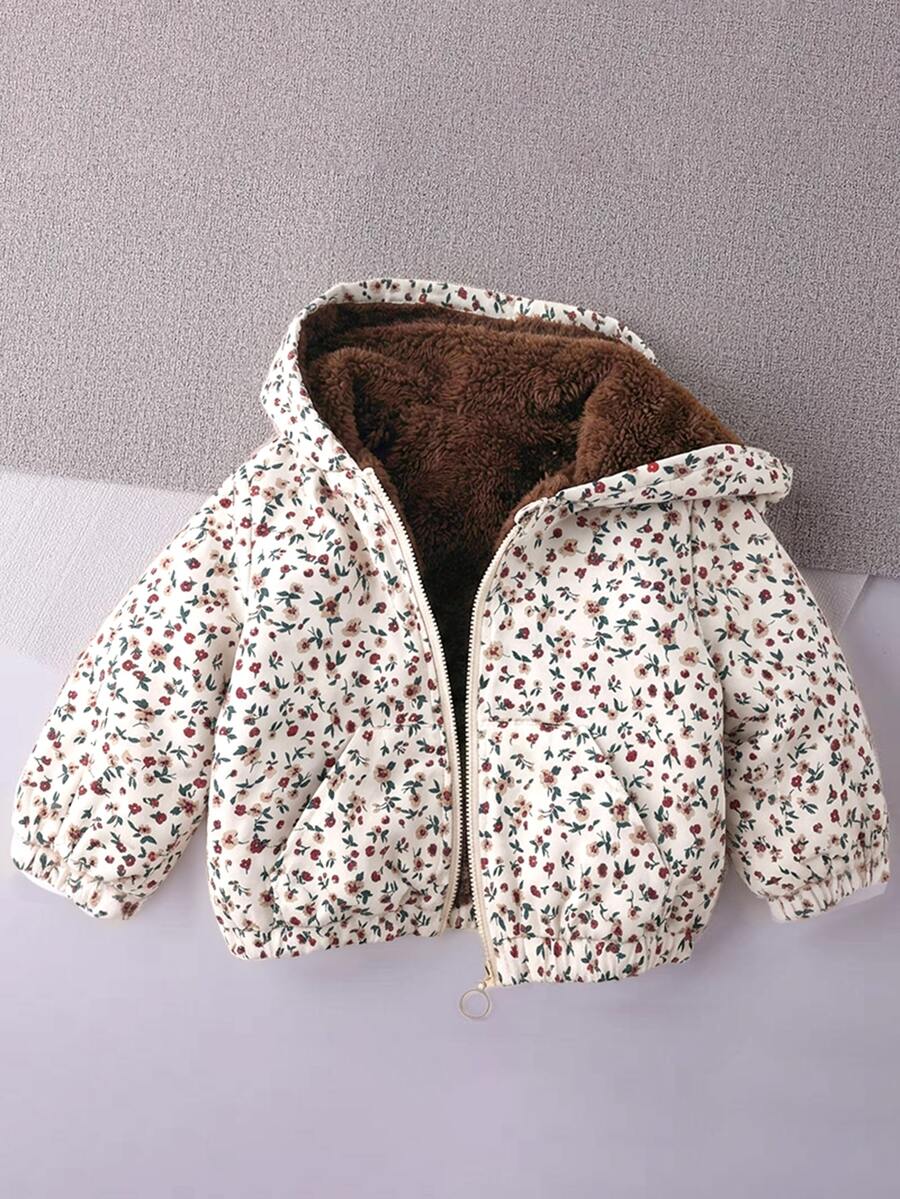 SHEIN Baby Girls Floral Pattern Thermal Lined Hooded Winter Jacket - Multicolor - View 1