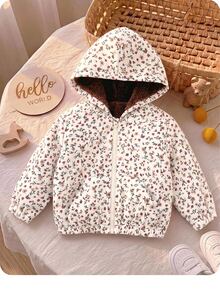 SHEIN Baby Girls Floral Pattern Thermal Lined Hooded Winter Jacket - Multicolor - View 8