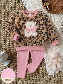 SHEIN Babygirl Cute Cartoon Bear Pattern Leopard Print Color Block Sweatshirt And Elastic Waist Long Autumn Winter Pants Set - Brown - View 11