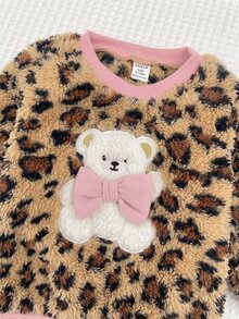 SHEIN Babygirl Cute Cartoon Bear Pattern Leopard Print Color Block Sweatshirt And Elastic Waist Long Autumn Winter Pants Set - Brown - View 5
