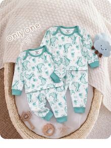 SHEIN Kids Newborn Cute Boy Girl Cartoon Pattern Long Sleeve Home Wear Set - Green - View 3