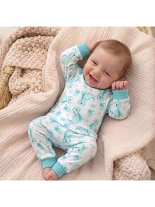 SHEIN Kids Newborn Cute Boy Girl Cartoon Pattern Long Sleeve Home Wear Set - Green - View 7